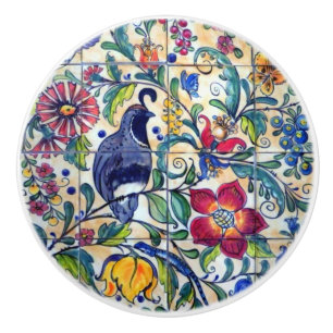 Folk Art Quail Lizard Floral Colourful Southwest Ceramic Knob