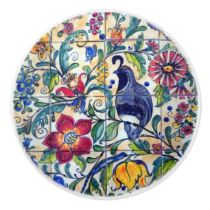 Folk Art Quail Lizard Floral Colourful Southwest Ceramic Knob