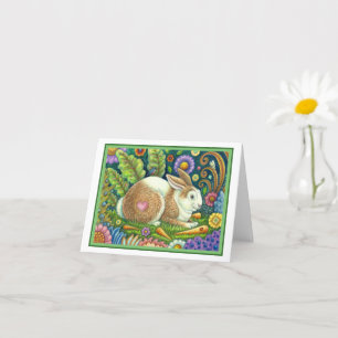 FOLK ART RABBIT & BLUEBIRD IN SECRET GARDEN Blank Card