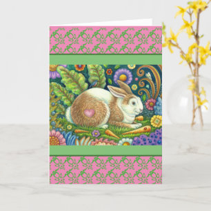 FOLK ART RABBIT & BLUEBIRD IN SECRET GARDEN Blank Card