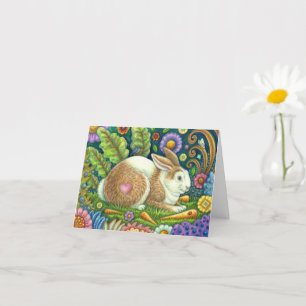 FOLK ART RABBIT & BLUEBIRD IN SECRET GARDEN Blank Card