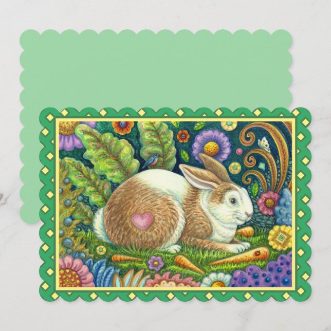FOLK ART RABBIT & BLUEBIRD IN SECRET GARDEN Flat (Front/Back)