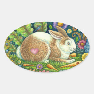 FOLK ART RABBIT & BLUEBIRD IN SECRET GARDEN OVAL STICKER