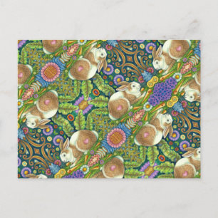 FOLK ART RABBIT & BLUEBIRD IN SECRET GARDEN POSTCARD