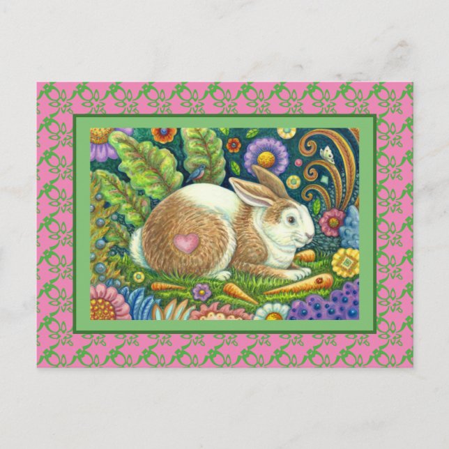 FOLK ART RABBIT & BLUEBIRD IN SECRET GARDEN POSTCARD (Front)