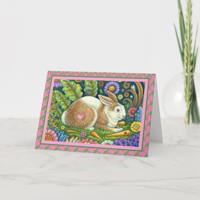 FOLK ART RABBIT, BLUEBIRD, SECRET GARDEN Blank Card (Front)