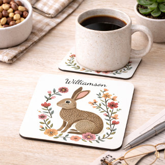 Folk Art Rabbit Monogram Coaster