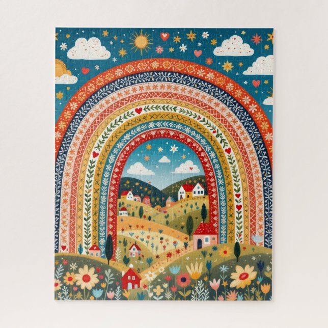 Folk Art Rainbow Village Puzzle (Vertical)