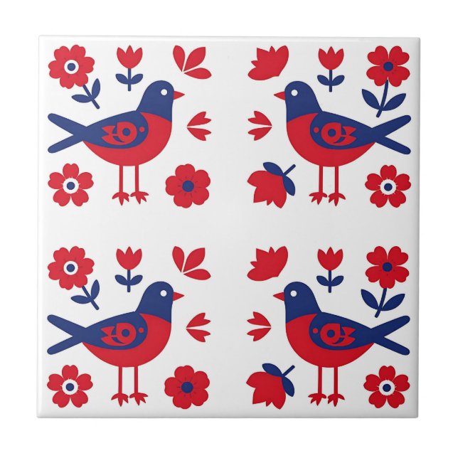 Folk Art Red Blue Bird Floral Pattern Ceramic Tile (Front)