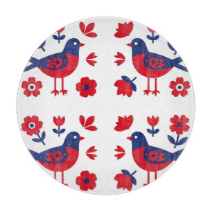 Folk Art Red Blue Bird Floral Pattern Cutting Board