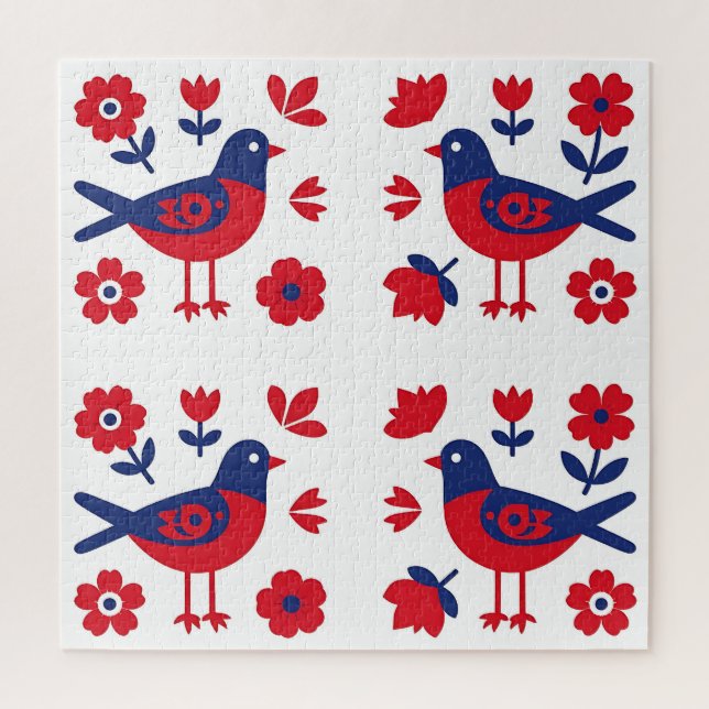 Folk Art Red Blue Bird Floral Pattern Jigsaw Puzzle (Vertical)