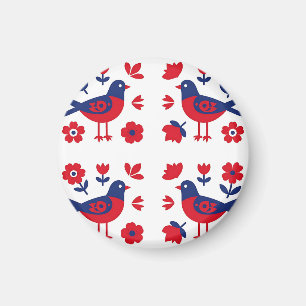 Folk Art Red Blue Bird Floral Pattern Magnet