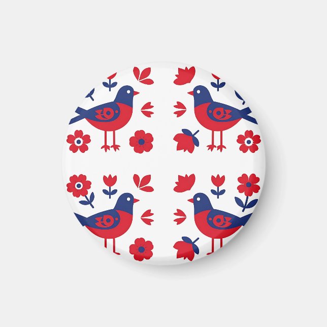 Folk Art Red Blue Bird Floral Pattern Magnet (Front)