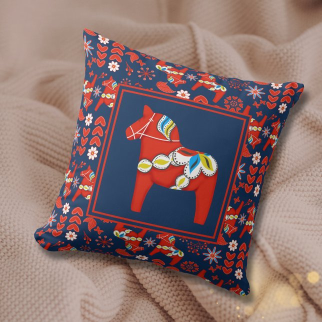 Folk Art Red Swedish Dala Horse and Pattern Cushion (Creator Uploaded)