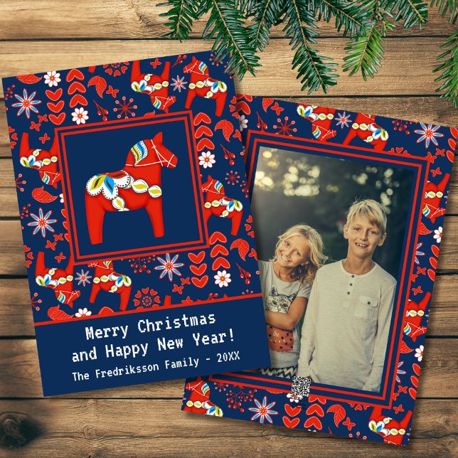 Folk Art Red Swedish Dala Horse and Pattern Photo Holiday Card (Creator Uploaded)