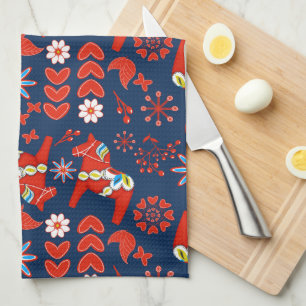 Folk Art Red Swedish Dala Horse Floral On Blue Tea Towel