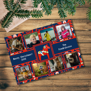 Folk Art Red Swedish Dala Horse Pattern 8 Photo Holiday Card