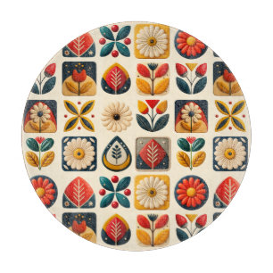 Folk Art Retro Floral Mosaic Cosiness Cutting Board