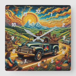 Folk Art Road Trip Square Wall Clock
