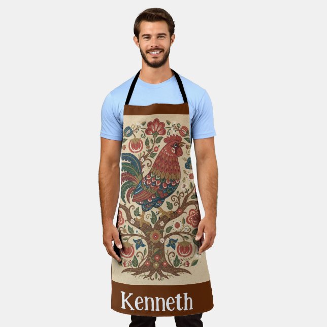 Folk Art Rooster Personalized Large Apron (Worn)