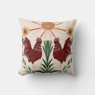 Folk Art Rooster Sunshine Symmetrical Design Cushion