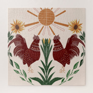Folk Art Rooster Sunshine Symmetrical Design Jigsaw Puzzle