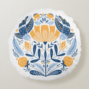 Folk art round ornament with birds,roses,and flowe cushion