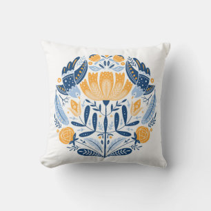 Folk art round ornament with birds,roses,and flowe cushion