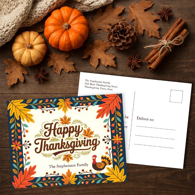 Folk Art Rustic Autumn Leaves Thanksgiving Postcard (Creator Uploaded)