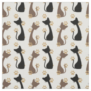 Folk Art Rustic Farm Cats - Black Mocha Mustard Fabric