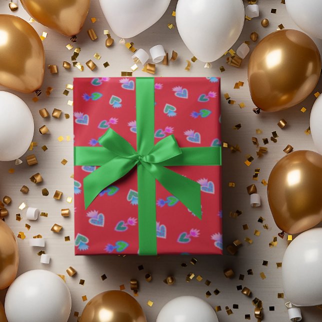 Folk Art Sacred Heart Red Wrapping Paper (Sacred Hearts of Mary on a red background are beautiful for Christmas!)