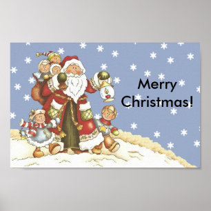 Folk Art Santa Kids Christmas Snowflakes Poster
