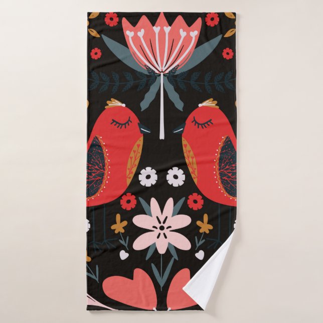 folk art scandinavian colourful pattern with flora bath towel (Bath Towel)