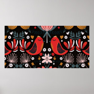 folk art scandinavian colourful pattern with flora poster