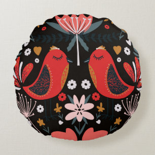 folk art scandinavian colourful pattern with flora round cushion