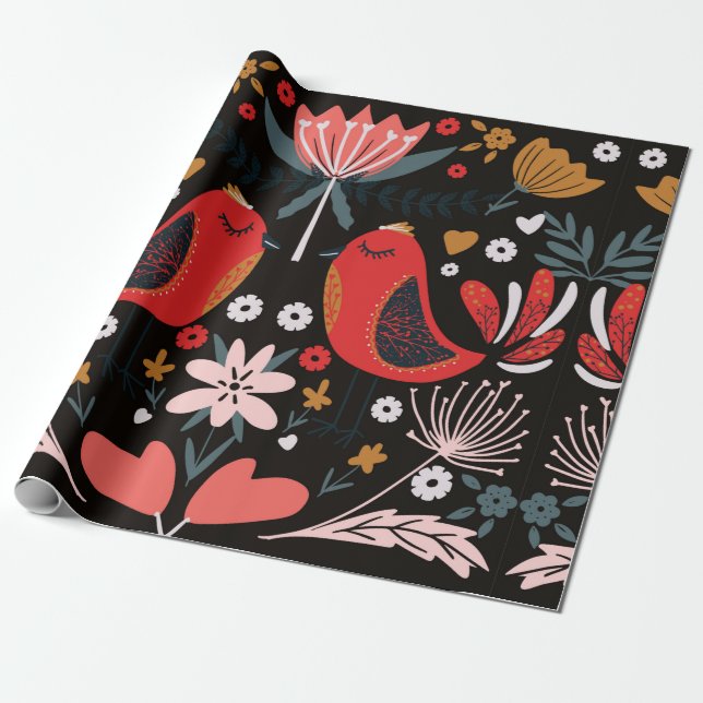 folk art scandinavian colourful pattern with flora wrapping paper (Unrolled)