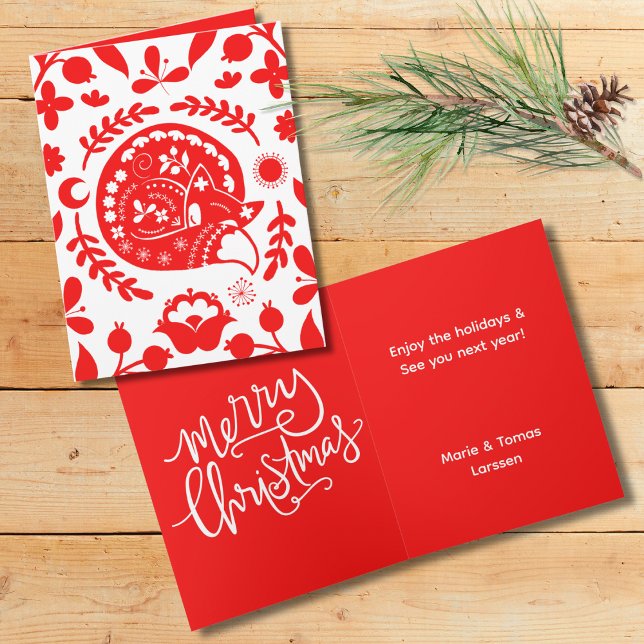 Folk Art Sleeping Fox Merry Christmas Holiday Card (Creator Uploaded)