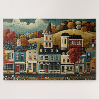 Folk Art Small Town Street in Autumn Jigsaw Puzzle