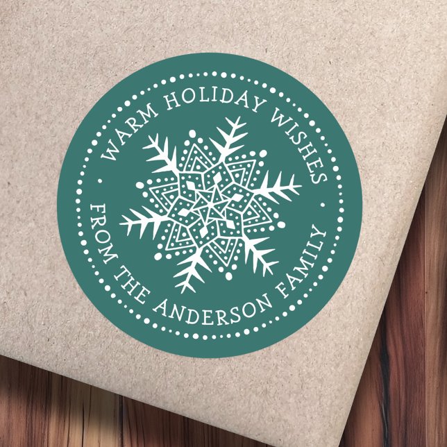 Folk art snowflake warm winter wishes pine green classic round sticker (Folk art snowflake warm winter wishes pine green classic round sticker)
