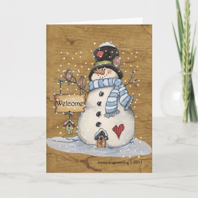 Folk Art Snowman Christmas Greeting Card (Front)