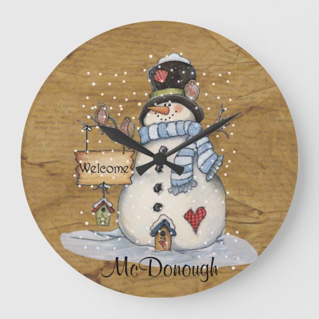 Folk Art Snowman on Old Newspaper Large Clock (Front)