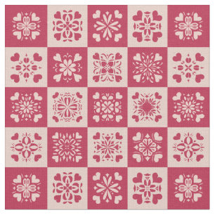 Folk Art Stenciled Heart Pattern Red and Pink Fabric