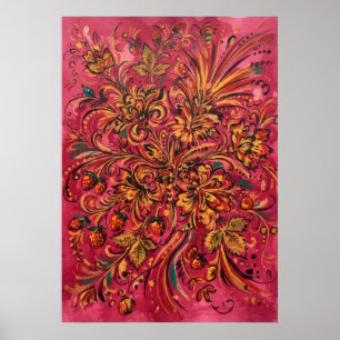 Folk Art Strawberry Floral Ornate Art Poster