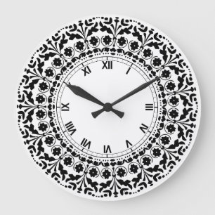 Folk Art Style Black and White Country Kitchen Large Clock