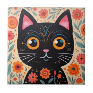 Folk Art Style Black Cat Ceramic Tile