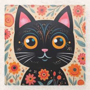Folk Art Style Black Cat Glass Coaster