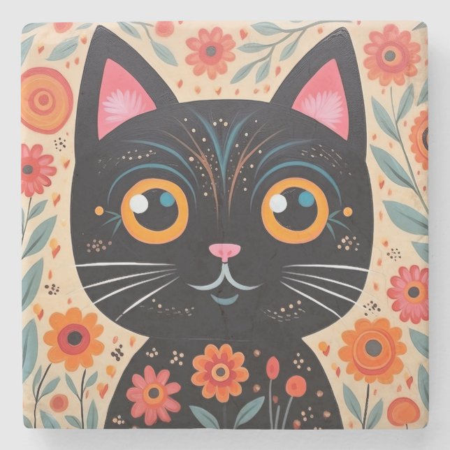 Folk Art Style Black Cat Stone Coaster (Front)