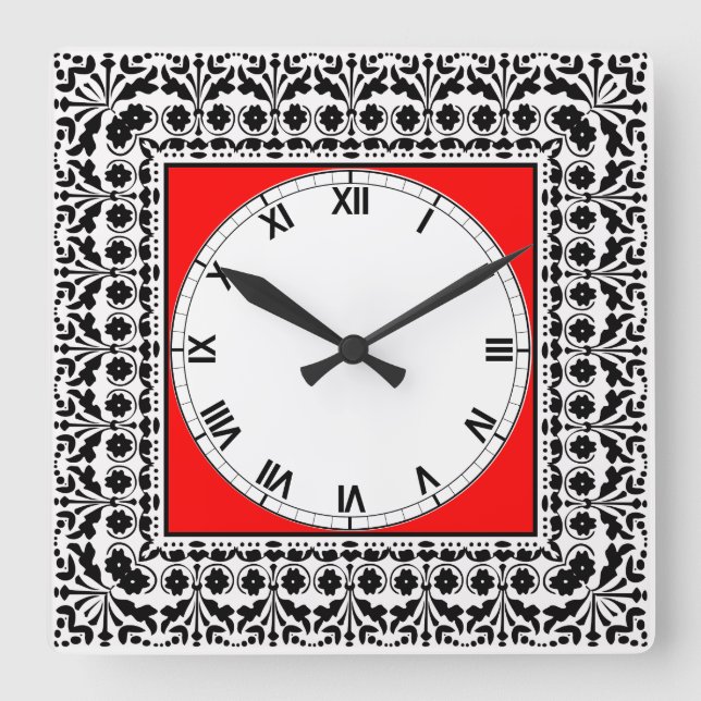 Folk Art Style Black Red and White Country Kitchen Square Wall Clock (Front)
