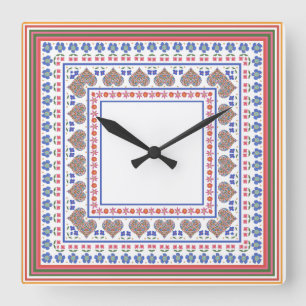 Folk Art Style Border Square Wall Clock