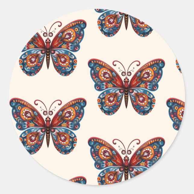 Folk Art Style Butterfly Classic Round Sticker (Front)